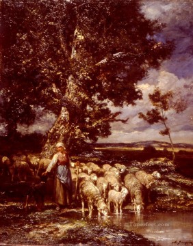 Charles Emile Jacque Painting - Shepherdess animalier Charles Emile Jacque